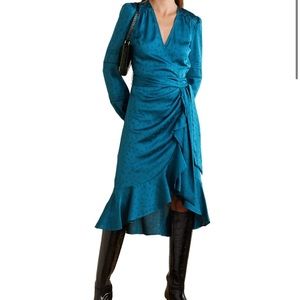 Beautiful VERONICA BEARD Miriam Wrap-Effect Ruffled Satin Dress, NEW WITH TAGS